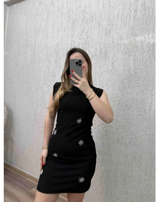 Gümüş taş Detaylı Elbise Siyah