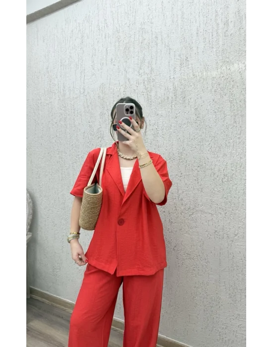 Tek Düğmeli Ceketli Takım Nar Çiçeği