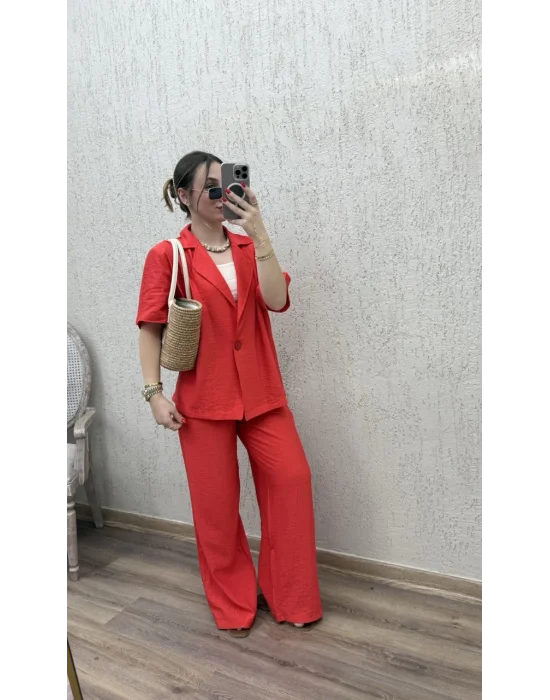 Tek Düğmeli Ceketli Takım Nar Çiçeği