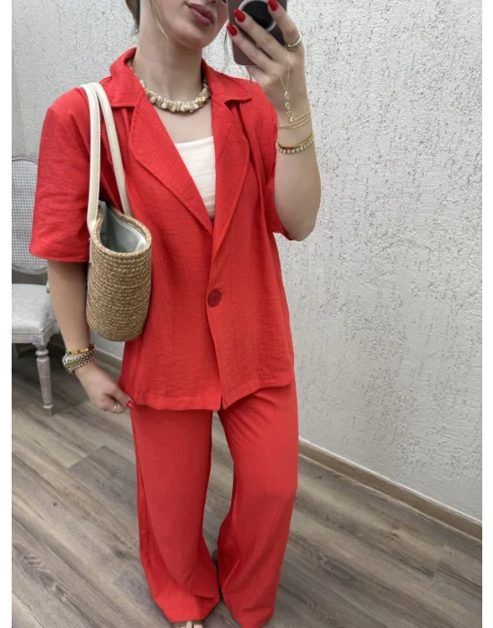 Tek Düğmeli Ceketli Takım Nar Çiçeği