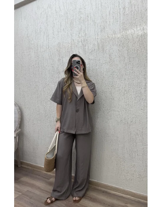 Tek Düğmeli Ceketli Takım Vizon