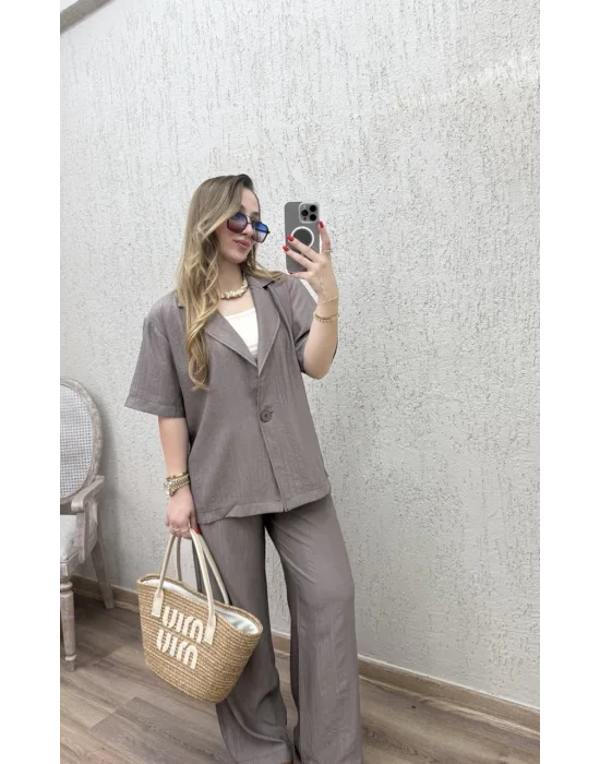 Tek Düğmeli Ceketli Takım Vizon