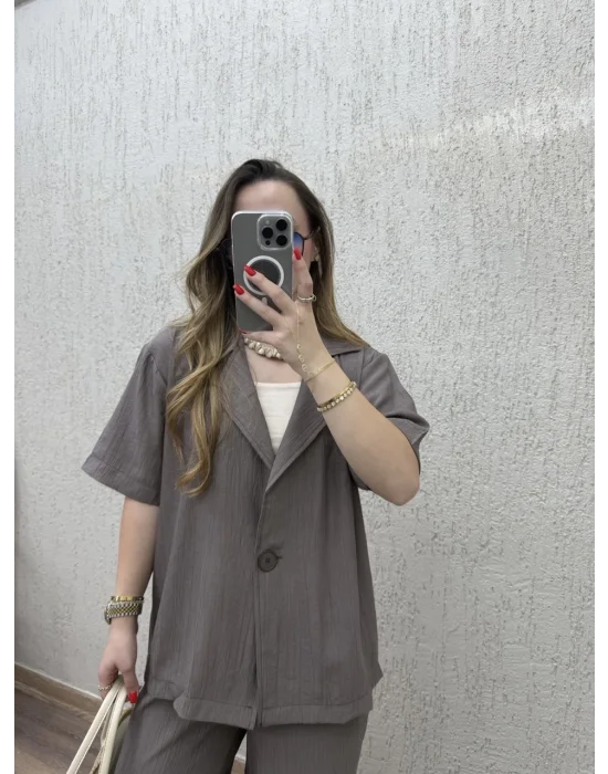 Tek Düğmeli Ceketli Takım Vizon