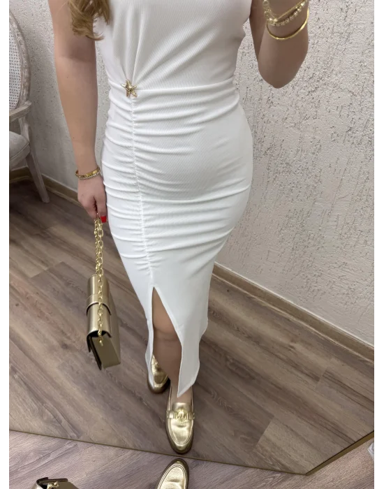 Yırtmaçlı Gold Detaylı Elbise Beyaz