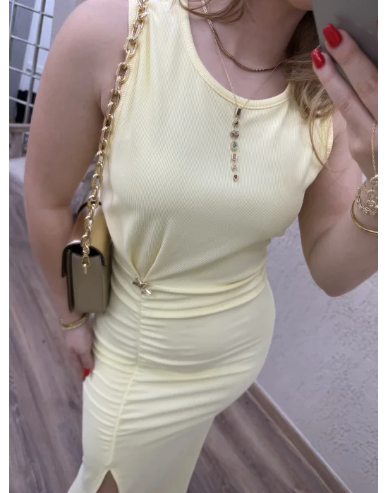 Yırtmaçlı Gold Detaylı Elbise Sarı