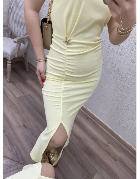 Yırtmaçlı Gold Detaylı Elbise Sarı