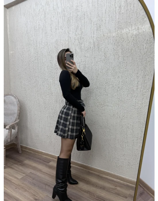 Ekose Desenli Kemerli Etek