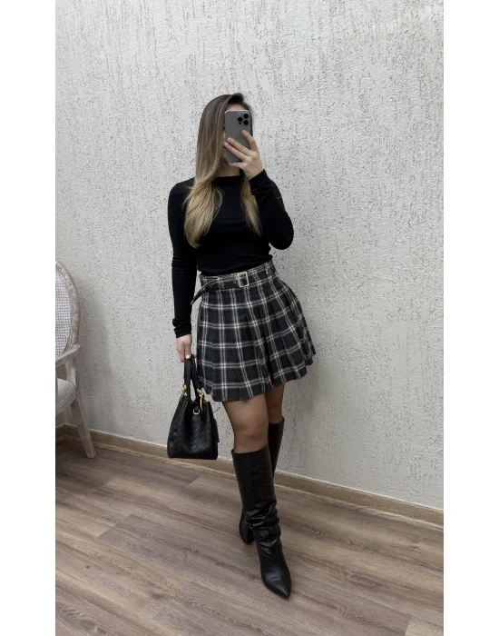 Ekose Desenli Kemerli Etek