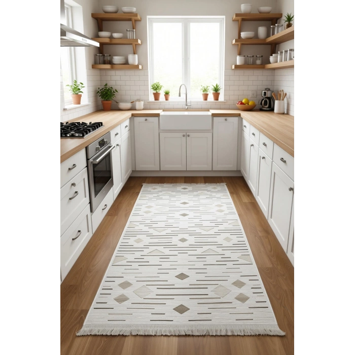 Bademli Halı Şönil Dokuma Taban Dekoratif Halı 1020 Krem