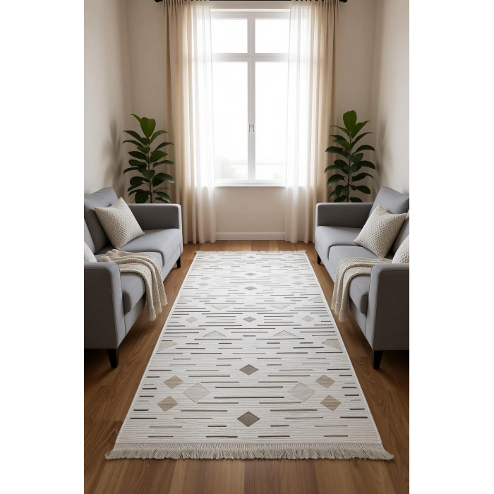 Bademli Halı Şönil Dokuma Taban Dekoratif Halı 1020 Krem