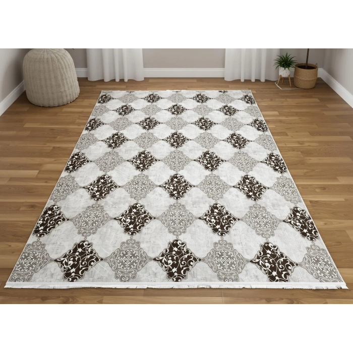 Bademli Halı Lüx Kaymaz Taban Dekoratif Halı 9013 Vizon