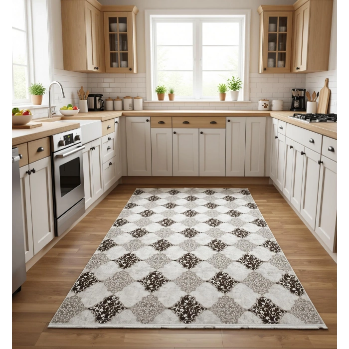 Bademli Halı Lüx Kaymaz Taban Dekoratif Halı 9013 Vizon