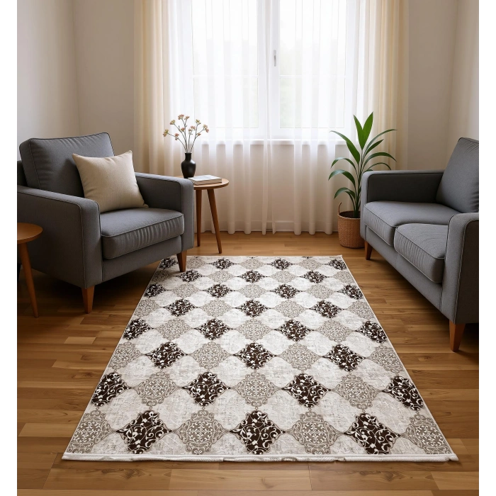 Bademli Halı Lüx Kaymaz Taban Dekoratif Halı 9013 Vizon