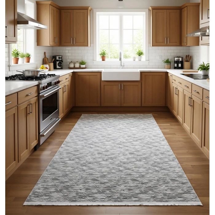 Bademli Halı Lüx Kaymaz Taban Dekoratif Halı 3015 Gri