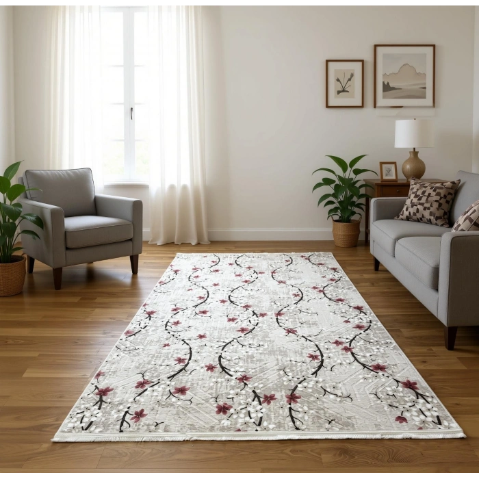 Bademli Halı Lüx Kaymaz Taban Dekoratif Halı 9025 Çiçek Desenli