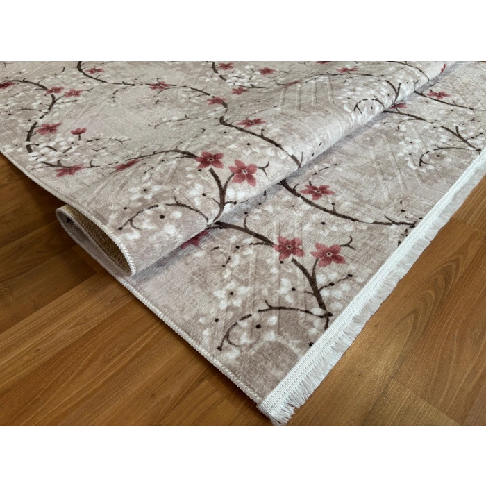 Bademli Halı Lüx Kaymaz Taban Dekoratif Halı 9025 Çiçek Desenli