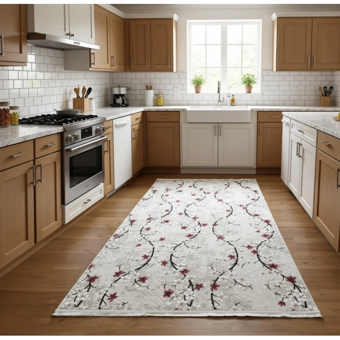 Bademli Halı Lüx Kaymaz Taban Dekoratif Halı 9025 Çiçek Desenli