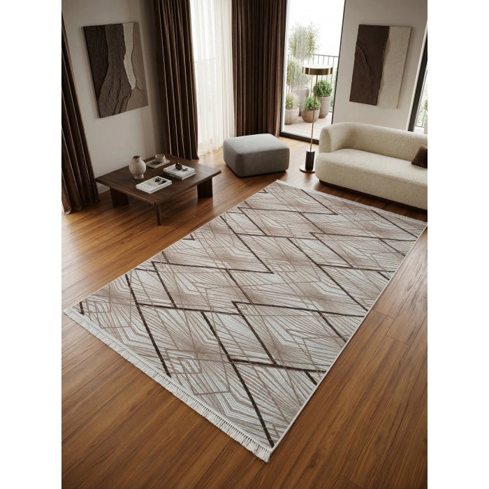 Bademli Halı Lüx Kaymaz Taban Dekoratif Halı 9029 Kahve