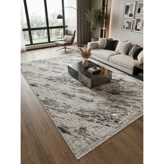 Bademli Halı Lüx Kaymaz Taban Dekoratif Halı 9030 Gri