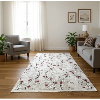 Bademli Halı Lüx Kaymaz Taban Dekoratif Halı 9025 Çiçek Desenli