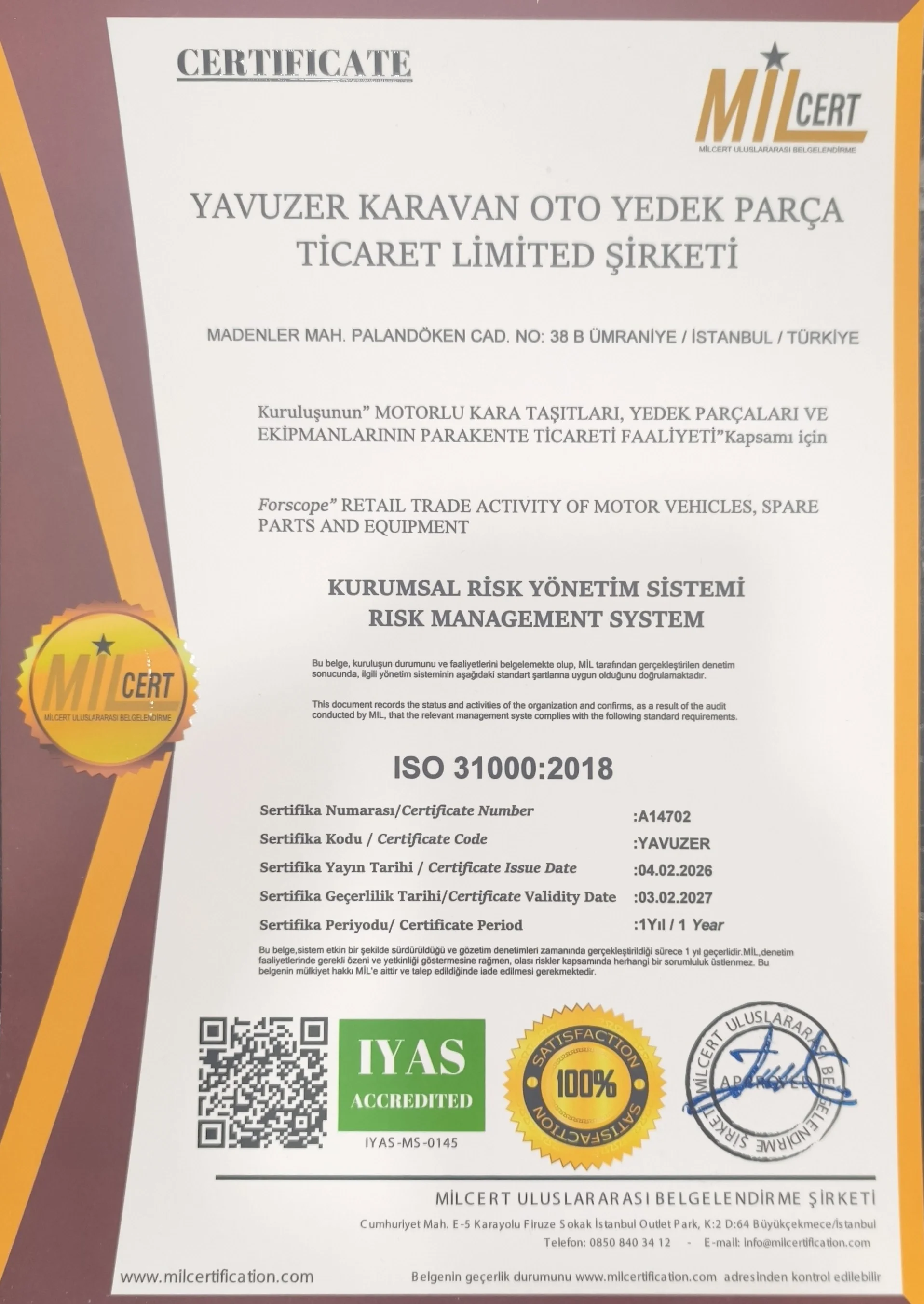 ISO 31000 Sertifikası