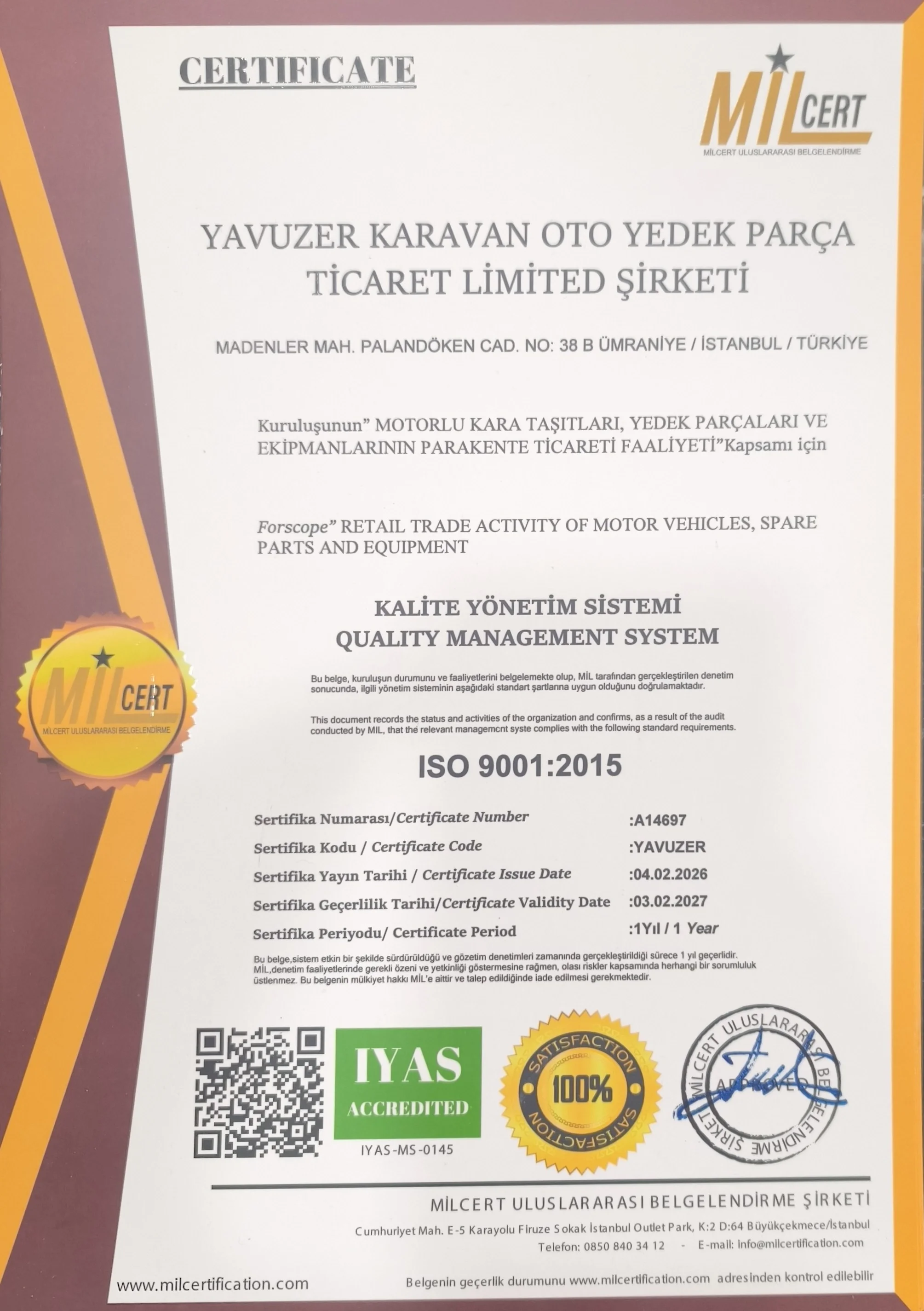 ISO 9001 Sertifikası