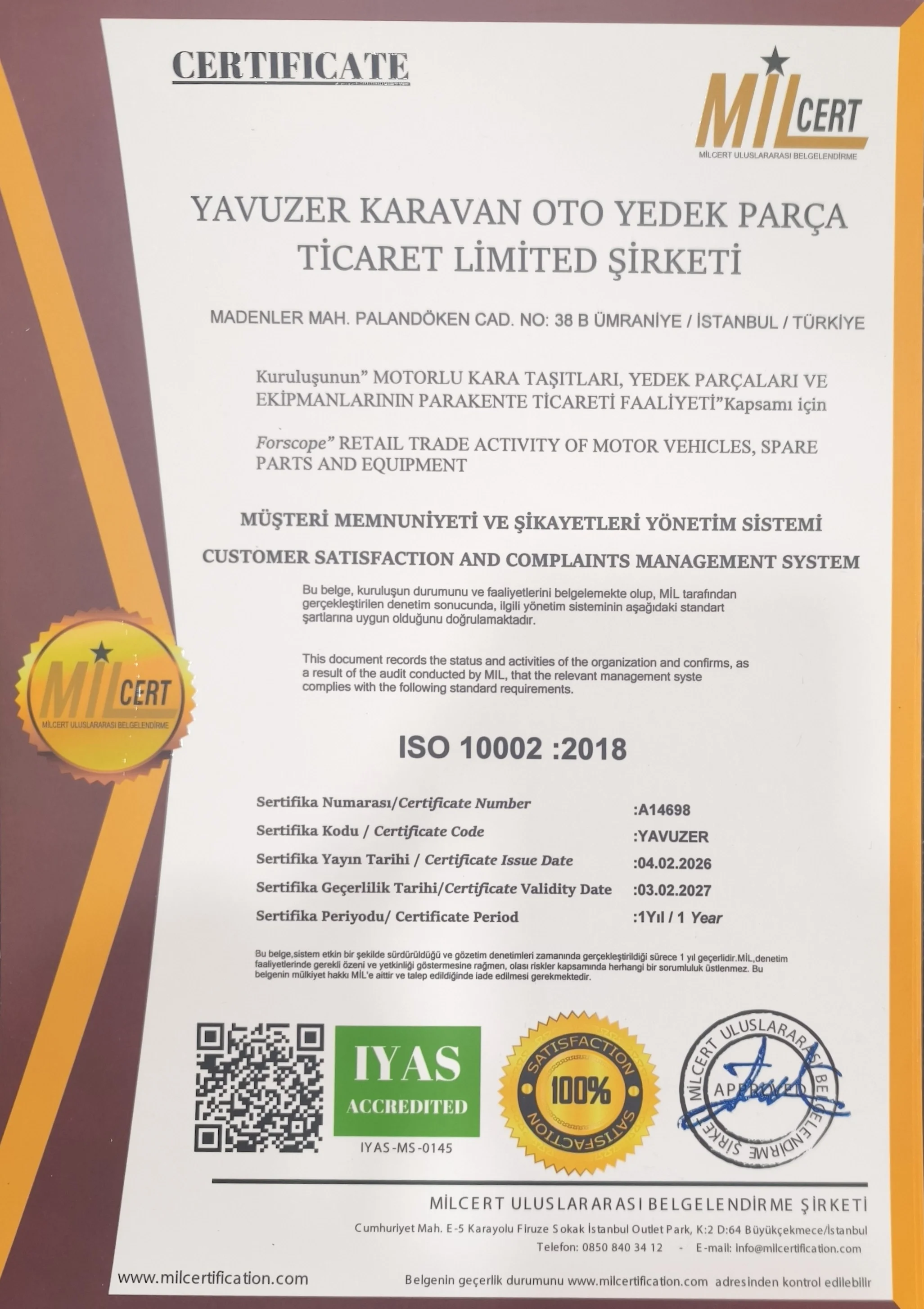 ISO 10002 Sertifikası