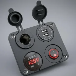 4lü Marin Şarj Paneli - Çift USB Soket, 12V Çakmaklık, Voltmetre ve Işıklı Düğme