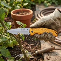 CAT DA980006 Kemer Askı Kancalı Katlanabilir 20CM Paslanmaz Çelik Sarı Kamp Çakısı