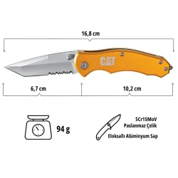 CAT DA980011 Kemer Askı Kancalı Cam Kırma Uçlu Katlanabilir 17CM Paslanmaz Çelik Sarı Kamp Çakısı