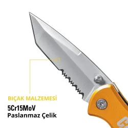 CAT DA980011 Kemer Askı Kancalı Cam Kırma Uçlu Katlanabilir 17CM Paslanmaz Çelik Sarı Kamp Çakısı