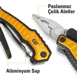 CAT DA980045 9 IN 1 Çok Fonksiyonlu Katlanabilir 27CM Paslanmaz Çelik Sarı Kamp Çakısı Bıçağı + Taşıma Kılıfı