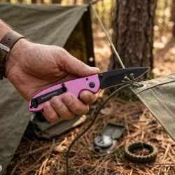 CAT DA980060 Kemer Askı Kancalı Katlanabilir 15CM Paslanmaz Çelik Pembe Kamp Çakısı