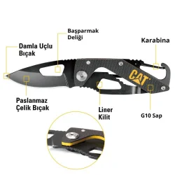 CAT DA980266 Kemer Askı Kancalı Karabinalı Katlanabilir 13CM Paslanmaz Çelik Siyah Kamp Çakısı
