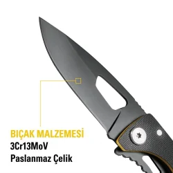 CAT DA980267 Kemer Askı Kancalı Şişe Açacaklı Katlanabilir 16CM Paslanmaz Çelik Siyah Kamp Çakısı