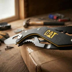 CAT DA980267 Kemer Askı Kancalı Şişe Açacaklı Katlanabilir 16CM Paslanmaz Çelik Siyah Kamp Çakısı