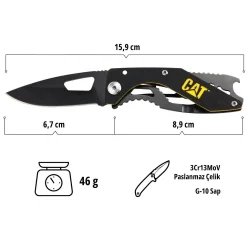 CAT DA980267 Kemer Askı Kancalı Şişe Açacaklı Katlanabilir 16CM Paslanmaz Çelik Siyah Kamp Çakısı
