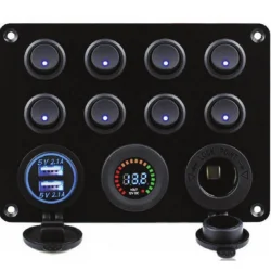 Çok Fonksiyonlu Işıklı Switch Panel - Dijital Voltmetre, USB ve Çakmaklık Soketli (8li Kombi Panel)