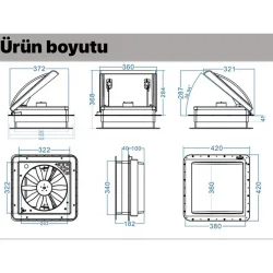 Karavan Tavan Heki 12V 42*42 cm LED Işıklı Çift Yön Fanlı Sineklikli