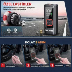 KOBB KB426 12V / Şarjlı Li-ion 150 PSI Dijital Göstergeli Akıllı Lastik Şişirme Pompası+ Powerbank + SOS + Led Lamba