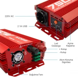 KOBB KBN750 12V/220V 750Watt Tam Sinüs Dönüştürücü İnvertör