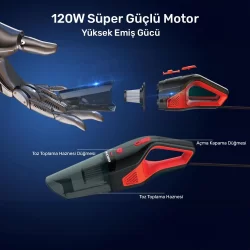 KOBB KBV12 12Volt/120Watt Araç Süpürgesi + 5 Parça Aksesuar Seti + Taşıma Çantası