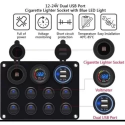 Sigortalı 8 Anahtarlı Kontrol Paneli USB Şarj Çakmaklık Voltaj Göstergesi