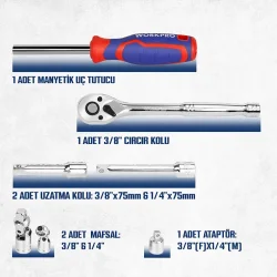 WORKPRO WP202524 1/4’ 3/8’’ Metrik 75 Parça Cr-V Profesyonel Lokma Takımı