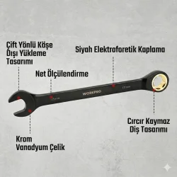 WORKPRO WP202602 8-19mm 9 Parça CR-V Profesyonel Cırcır Kombine Anahtar Takımı + Bez Taşıma Kılıfı