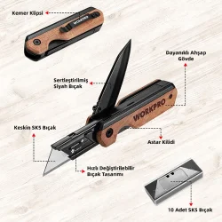 WORKPRO WP211015 2-IN-1 Ahşap Saplı Profesyonel Cep Çakısı & Katlanır Rötuş Maket Bıçağı + 11 Adet Yedek Bıçak