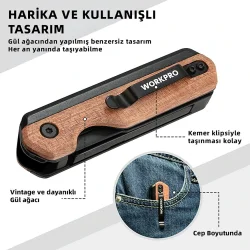 WORKPRO WP211015 2-IN-1 Ahşap Saplı Profesyonel Cep Çakısı & Katlanır Rötuş Maket Bıçağı + 11 Adet Yedek Bıçak