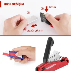 WORKPRO WP211026 Katlanır Çok Amaçlı Profesyonel Rötuş Maket Bıçağı + 14 Adet Yedek Bıçak