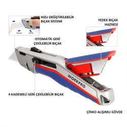 WORKPRO WP213015 Ağır Hizmet Alüminyum Gövde Otomatik Geri Çekilebilir Rötuş Maket Bıçağı + 5 Adet Yedek Bıçak