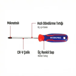 WORKPRO WP221037 PZ2x100mm CR-V Manyetik Profesyonel Yıldız Tornavida